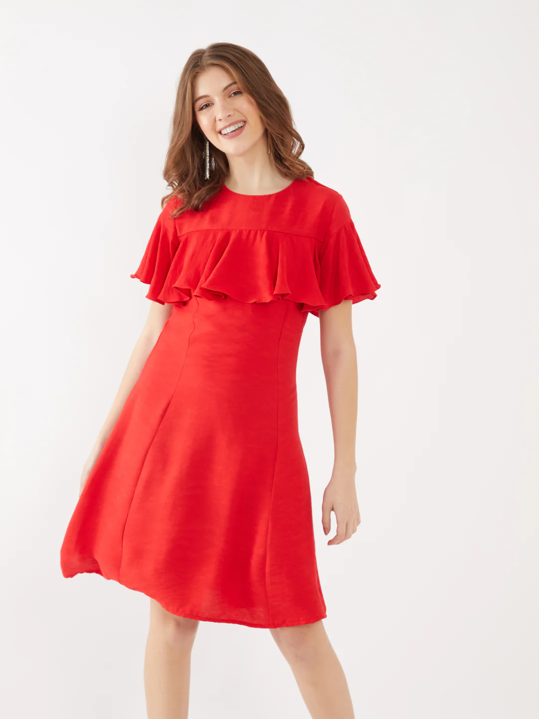 Red Solid Ruffled Short Dress - Image 2