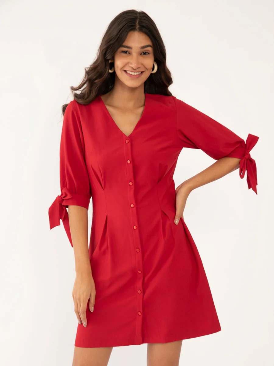 Red Solid Short Dress - Image 2