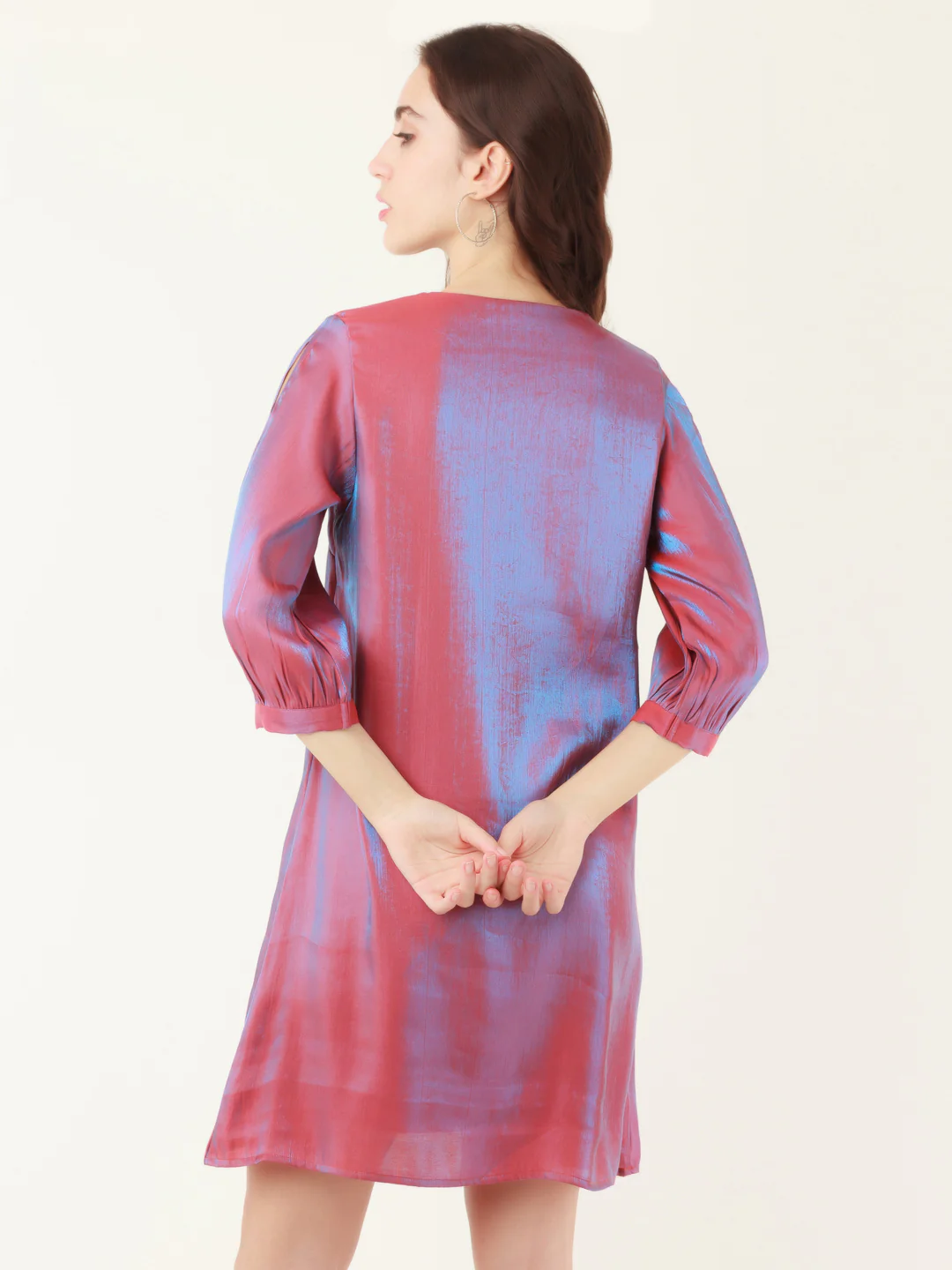 Red Solid Slit Sleeve Short Dress - Image 4