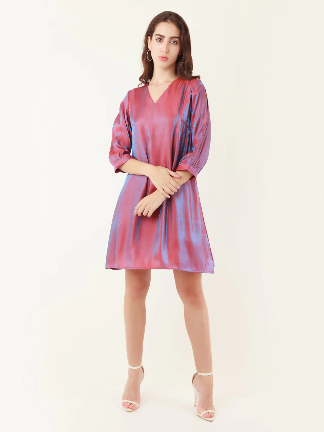 Red Solid Slit Sleeve Short Dress - Image 5