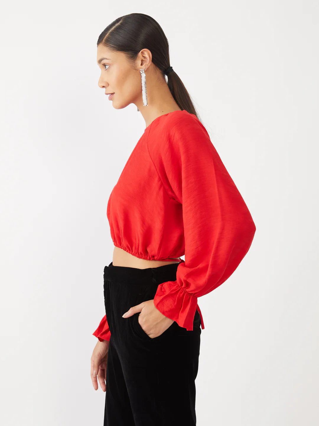 Red Solid Tie-Up Crop Top - Image 3