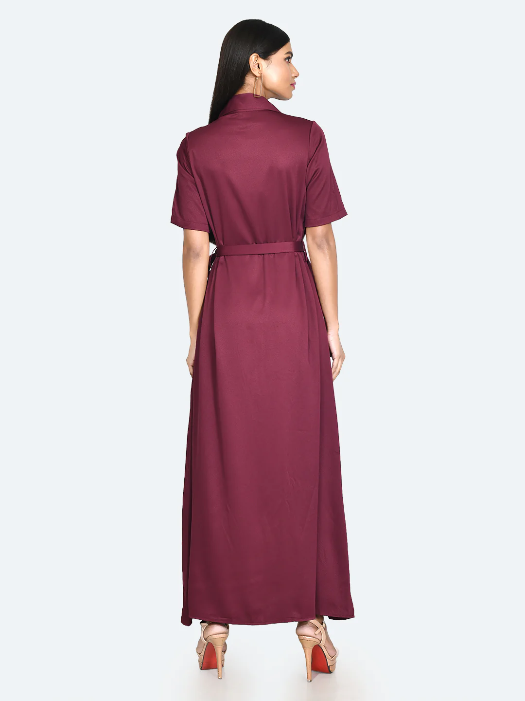 Red Solid Tie-Up Maxi Dress - Image 3
