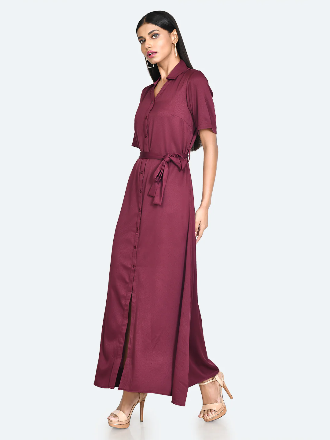 Red Solid Tie-Up Maxi Dress - Image 4