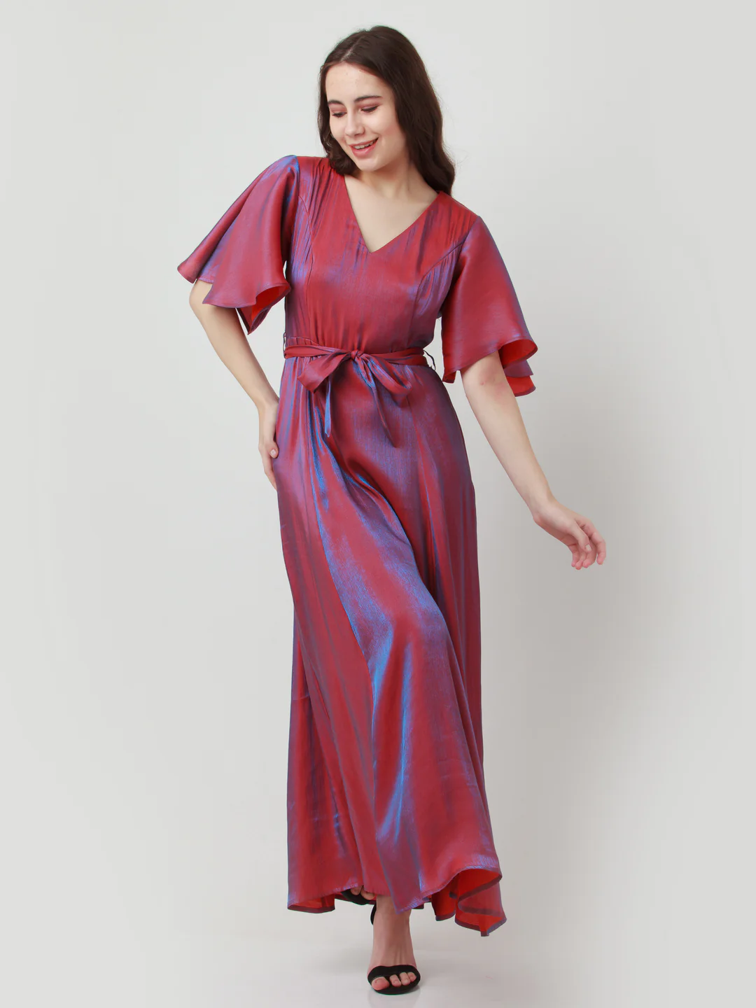 Red Solid Tie-Up Maxi Dress - Image 5