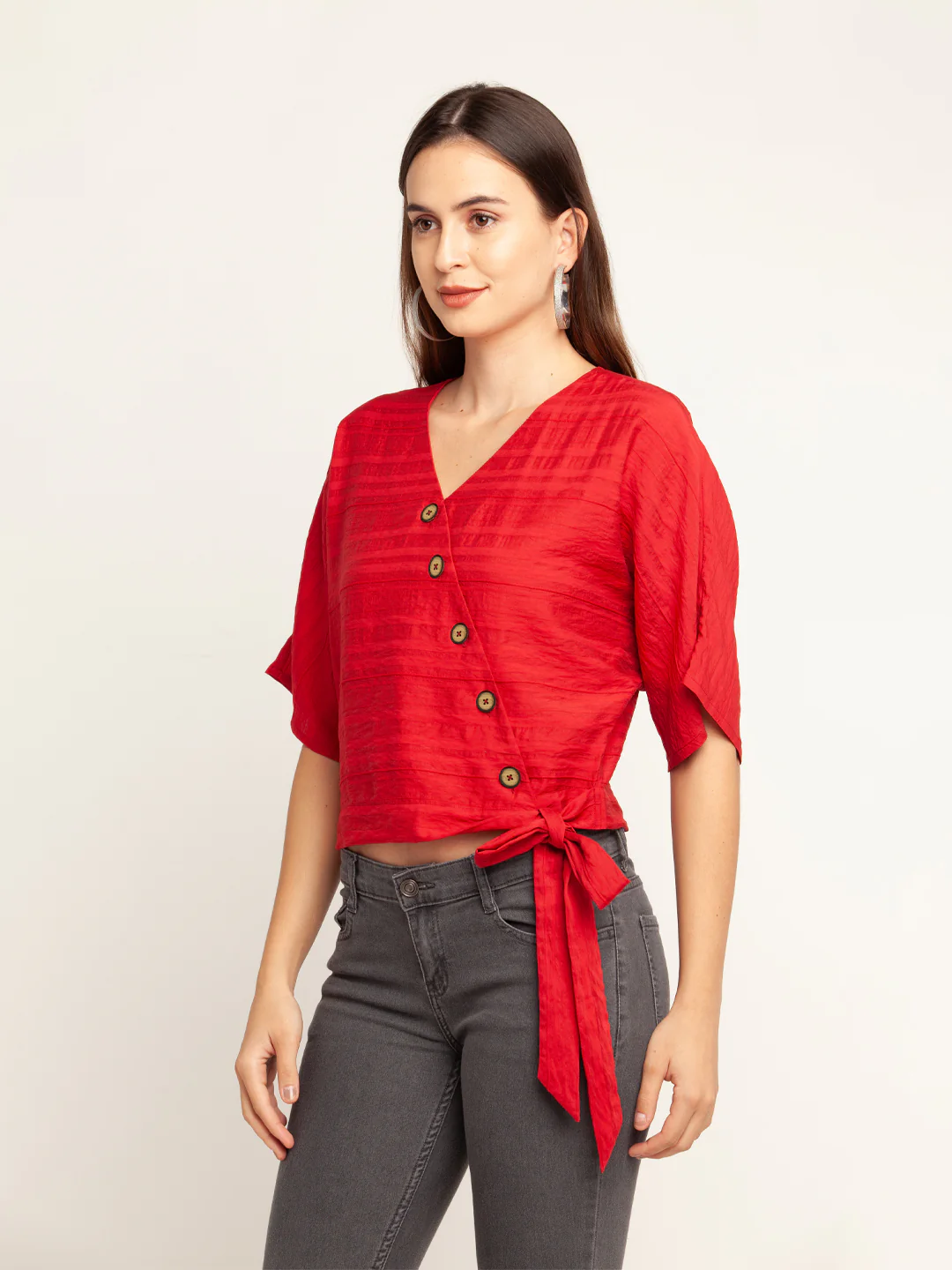 Red Solid Tie Up Top - Image 3