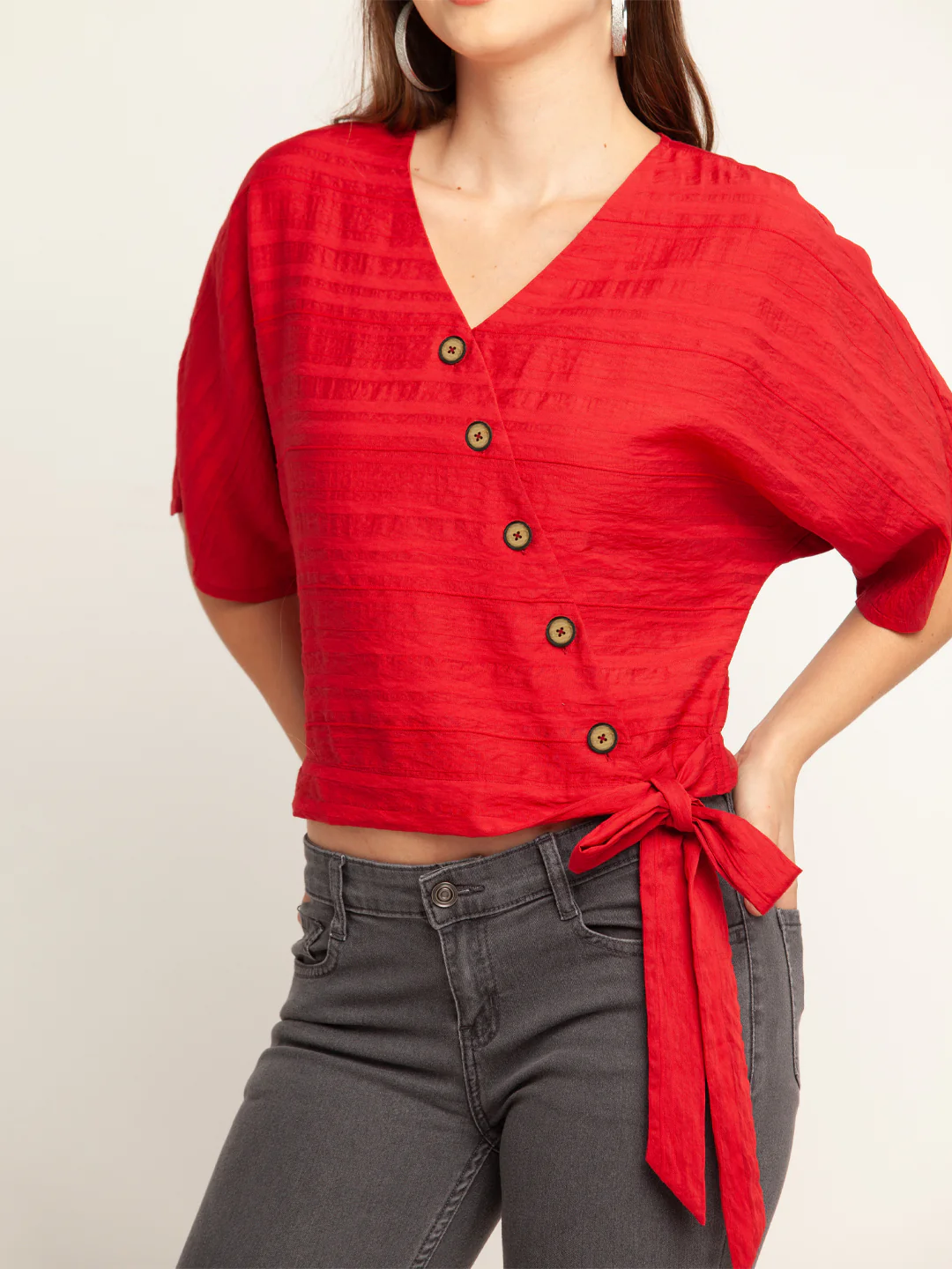 Red Solid Tie Up Top - Image 4