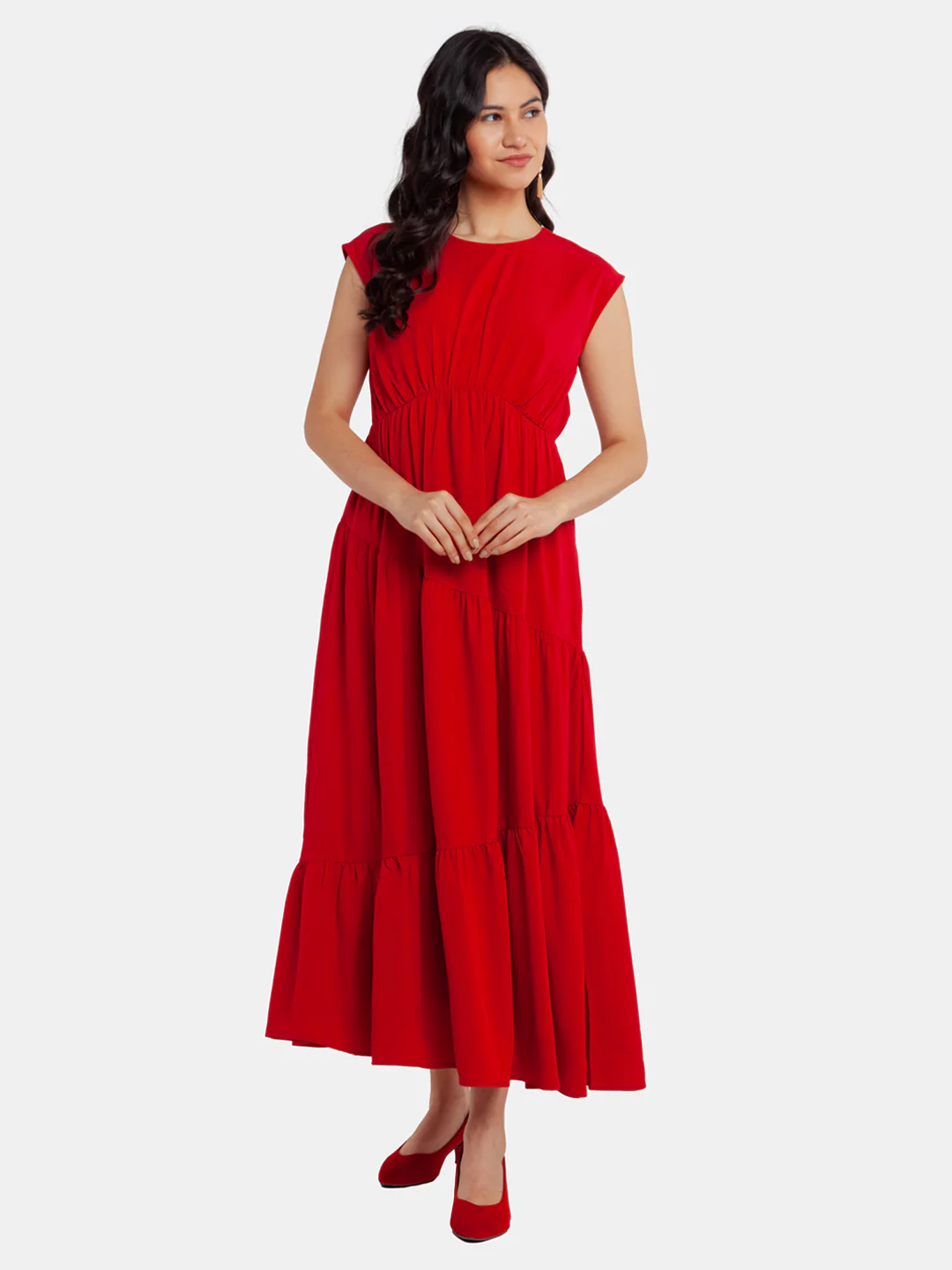 Red Solid Tiered Maxi Dress - Image 2