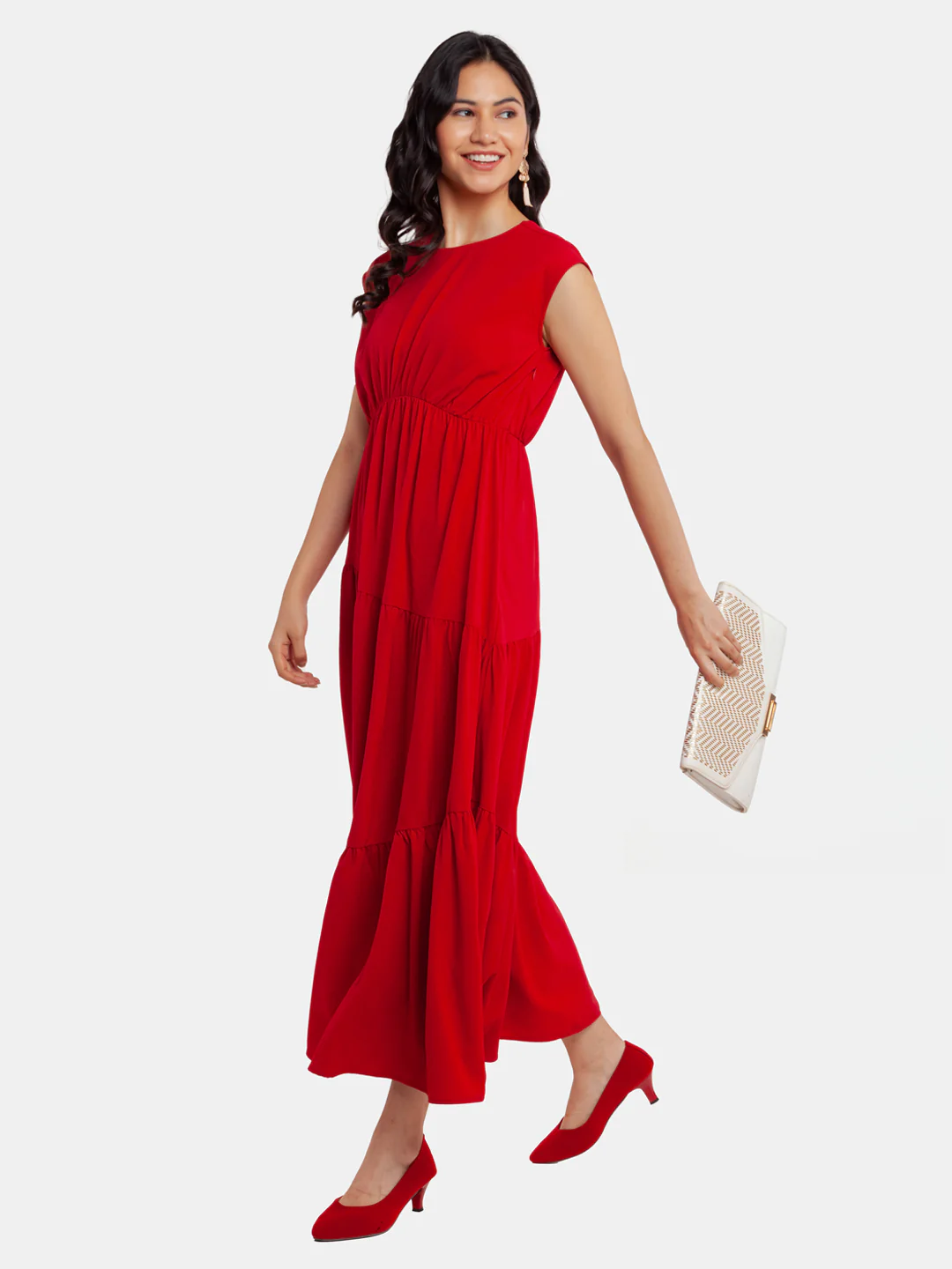Red Solid Tiered Maxi Dress - Image 5