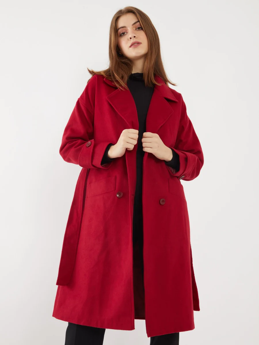 Red Solid Trench Coat