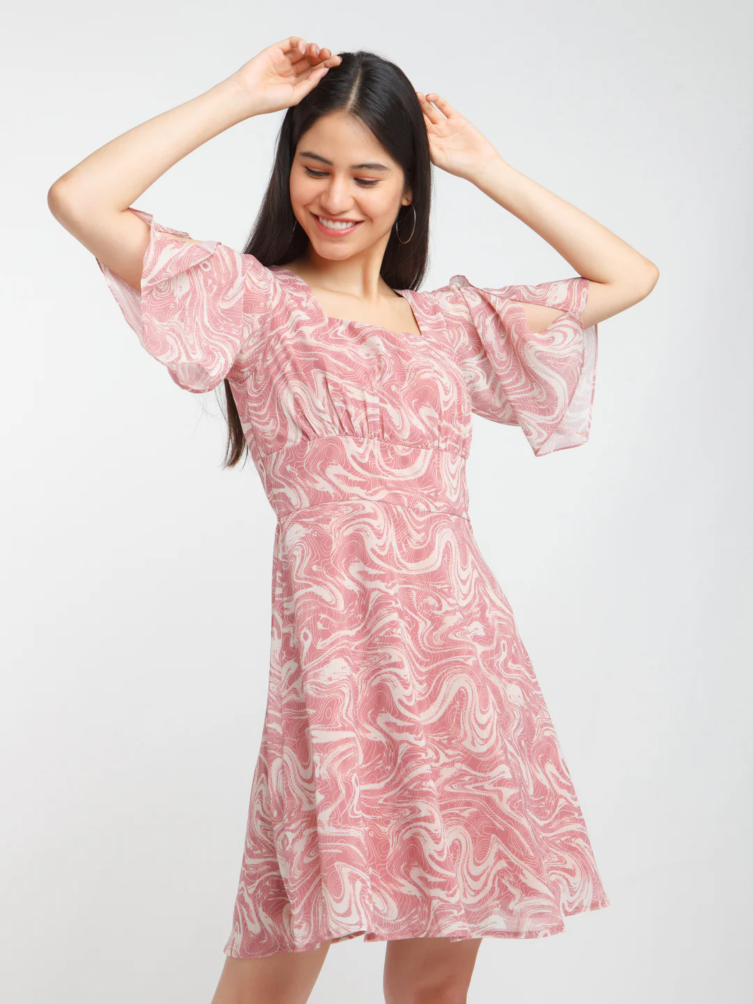 Rust Printed Flared Sleeve Short Dress
