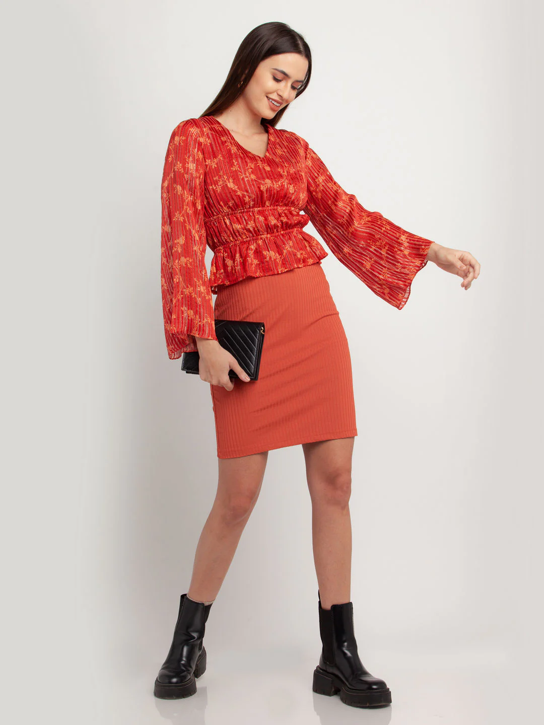 Rust Printed Flared Sleeve Top