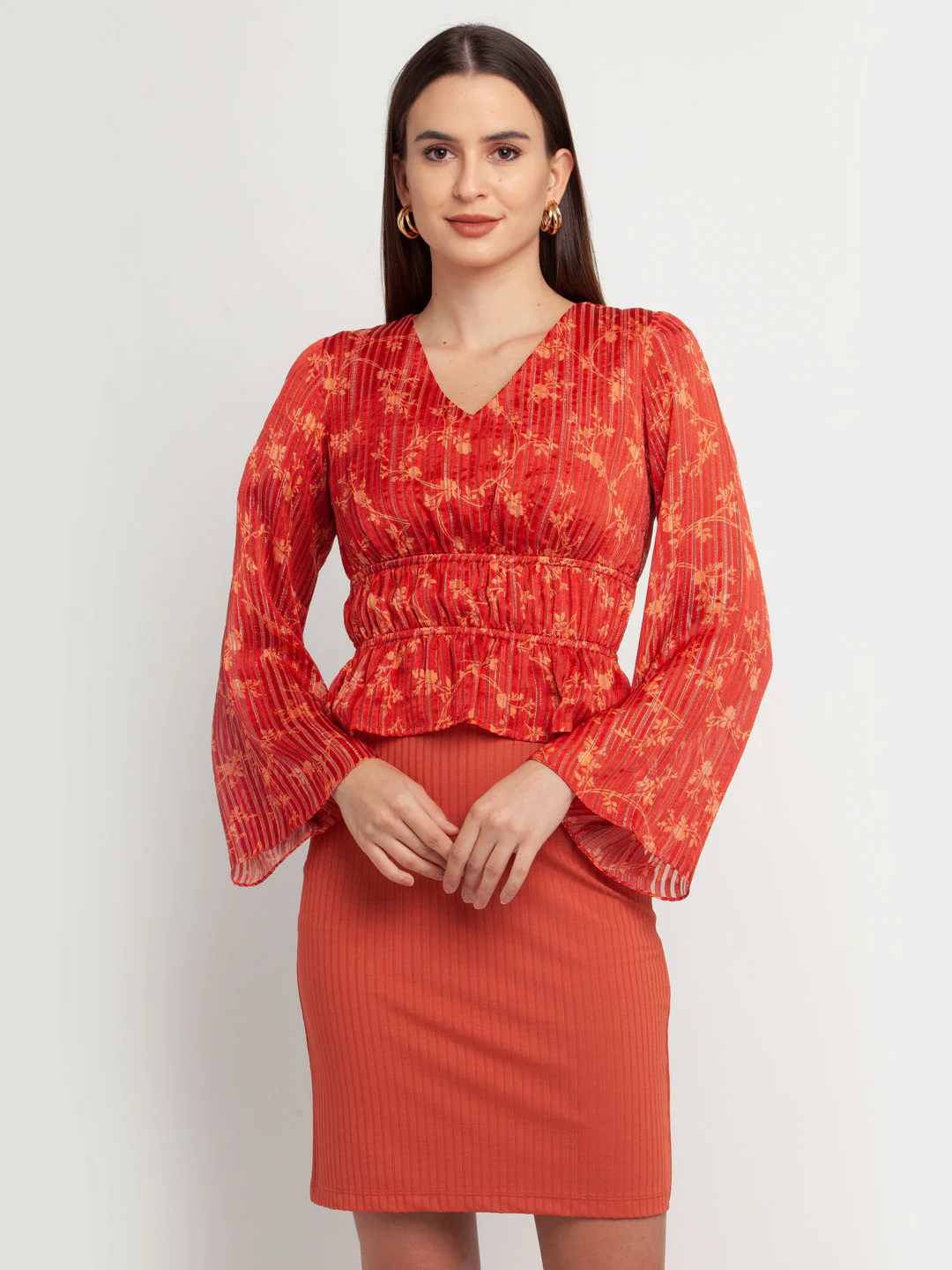Rust Printed Flared Sleeve Top - Image 2