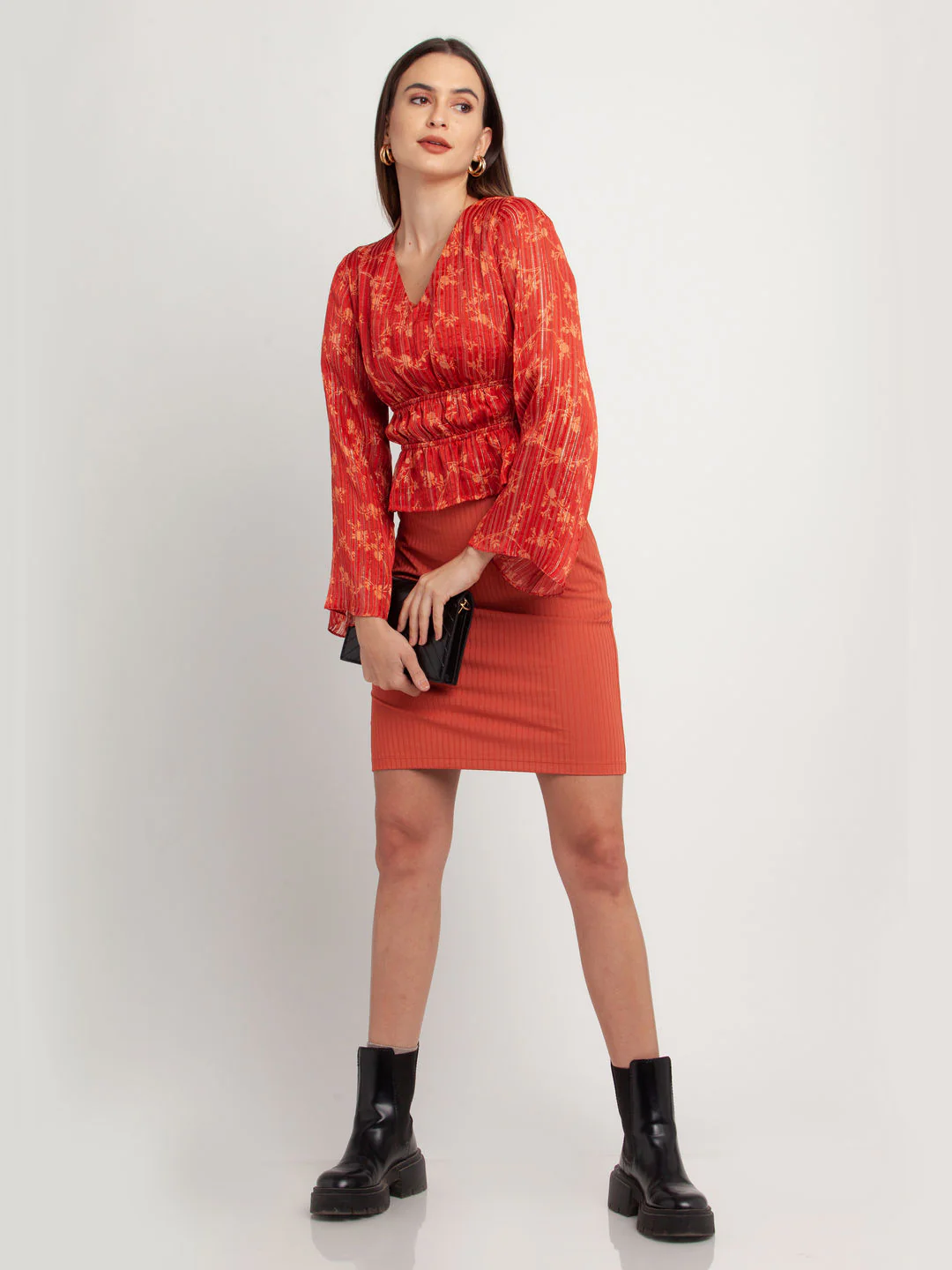 Rust Printed Flared Sleeve Top - Image 3