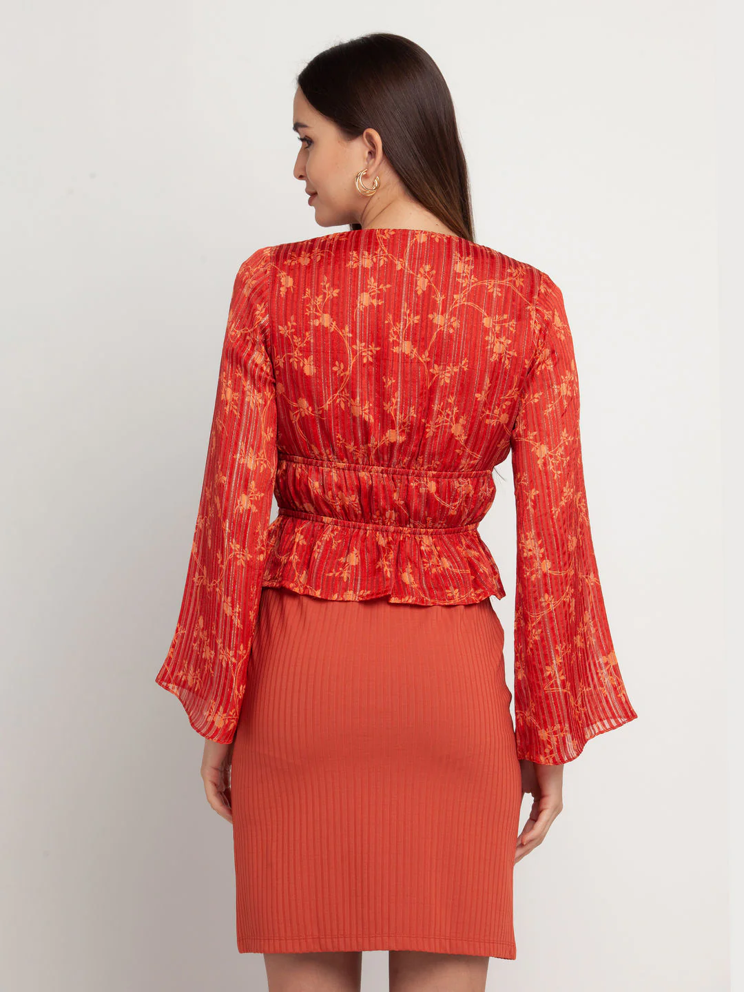 Rust Printed Flared Sleeve Top - Image 4