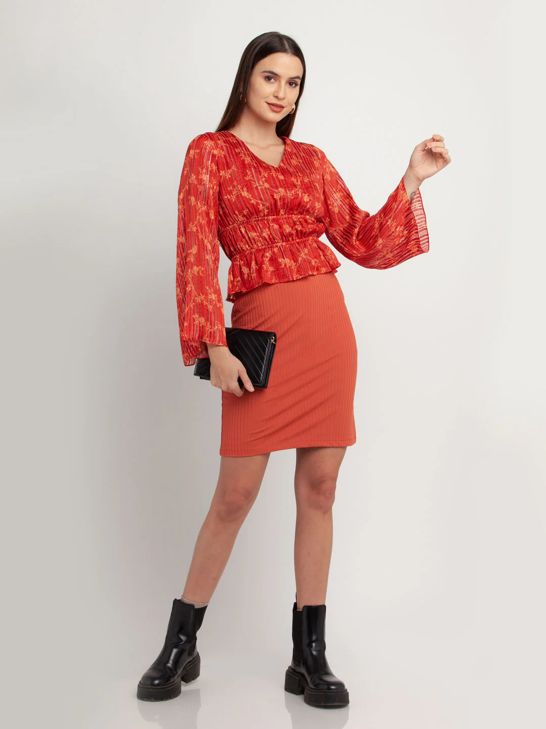 Rust Printed Flared Sleeve Top - Image 5