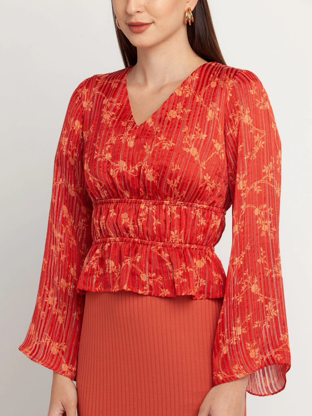 Rust Printed Flared Sleeve Top - Image 6