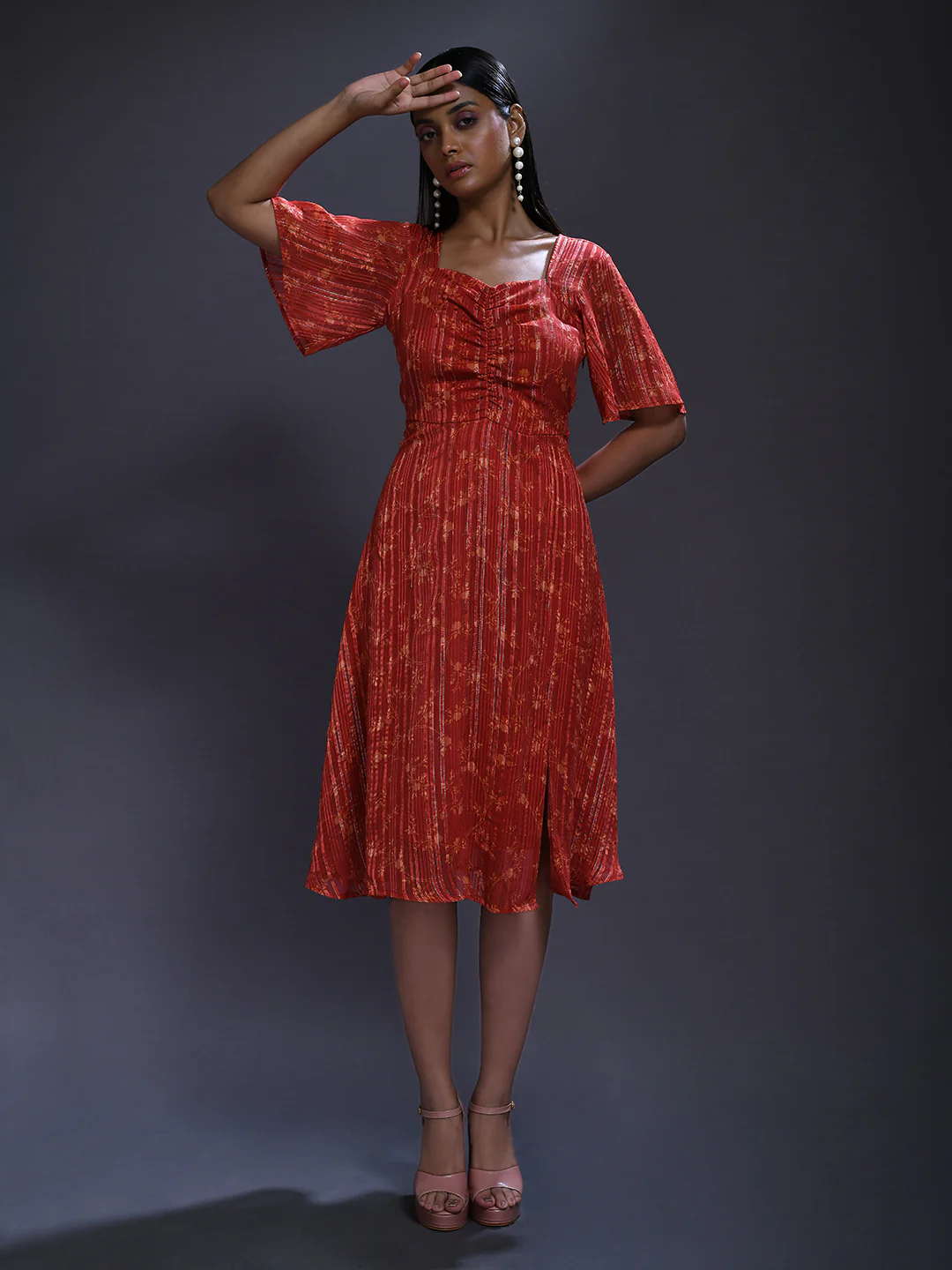 Rust Printed Midi Dress