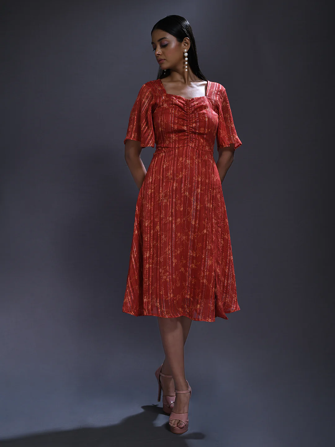 Rust Printed Midi Dress - Image 5