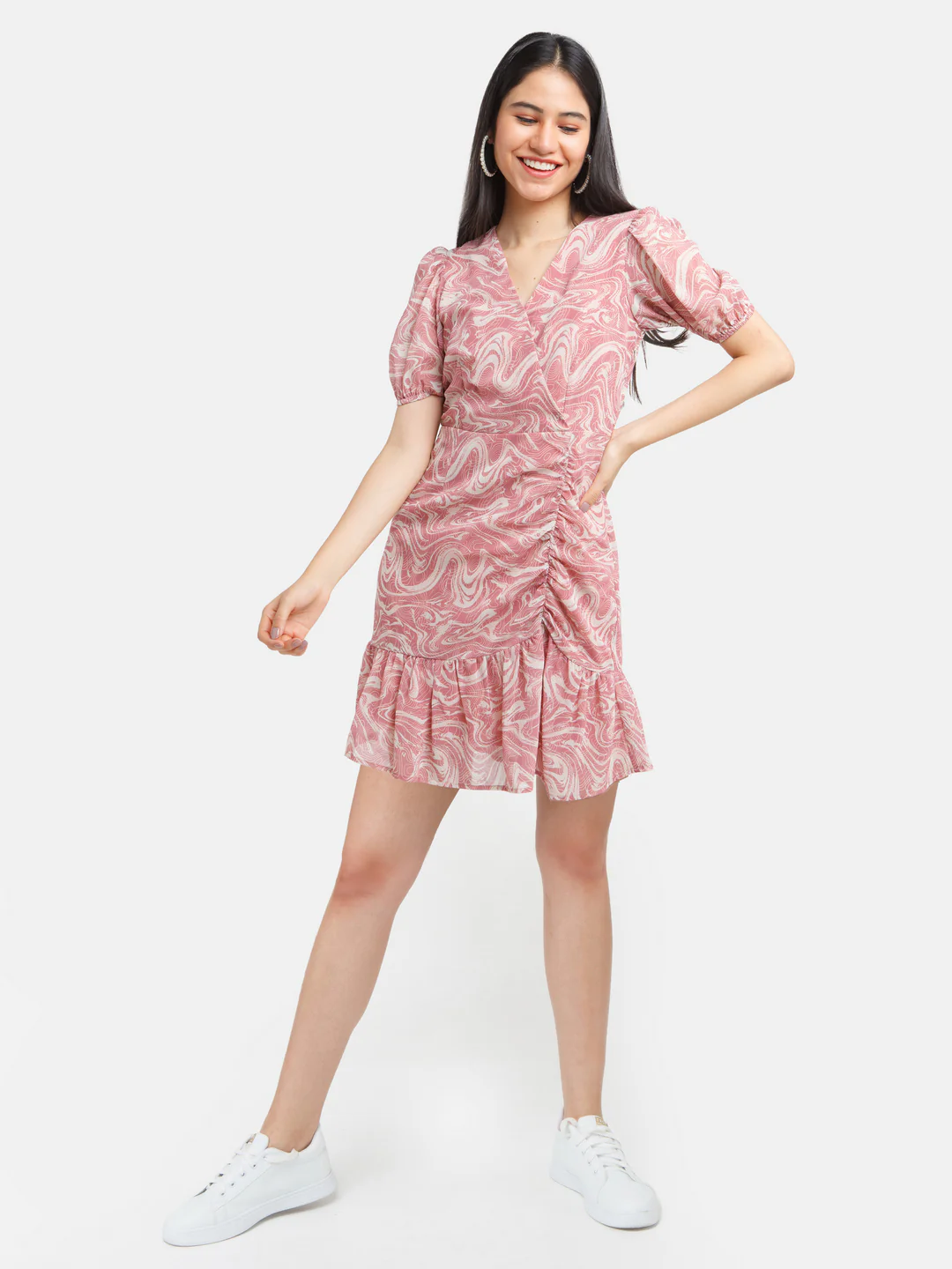 Rust Printed Ruched Short Dress - Image 5