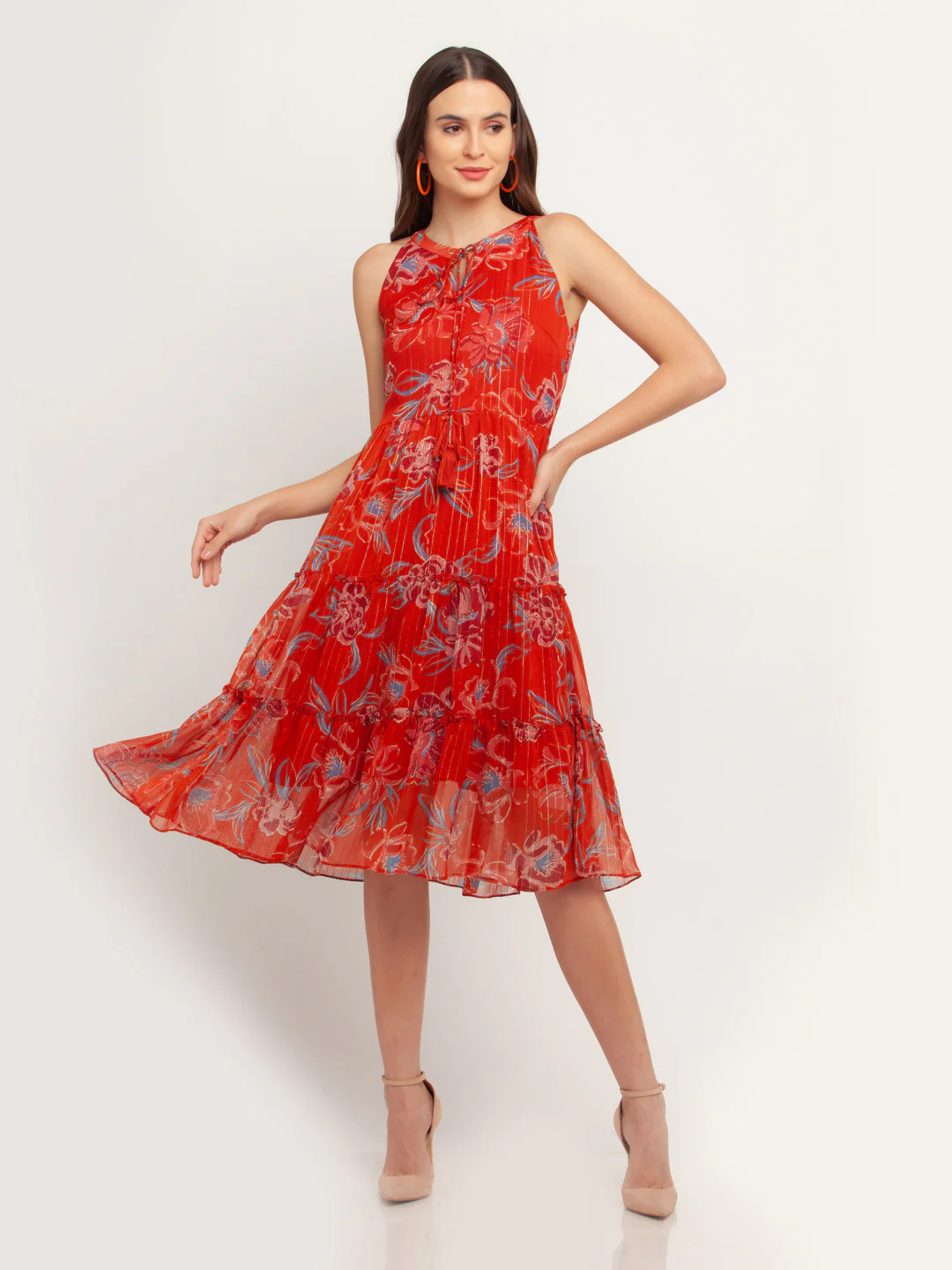 Rust Printed Tie-Up Midi Dress - Image 2