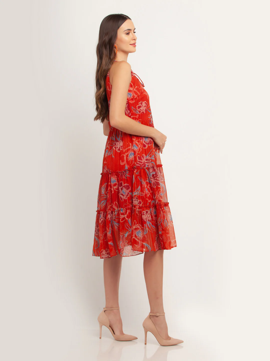 Rust Printed Tie-Up Midi Dress - Image 3