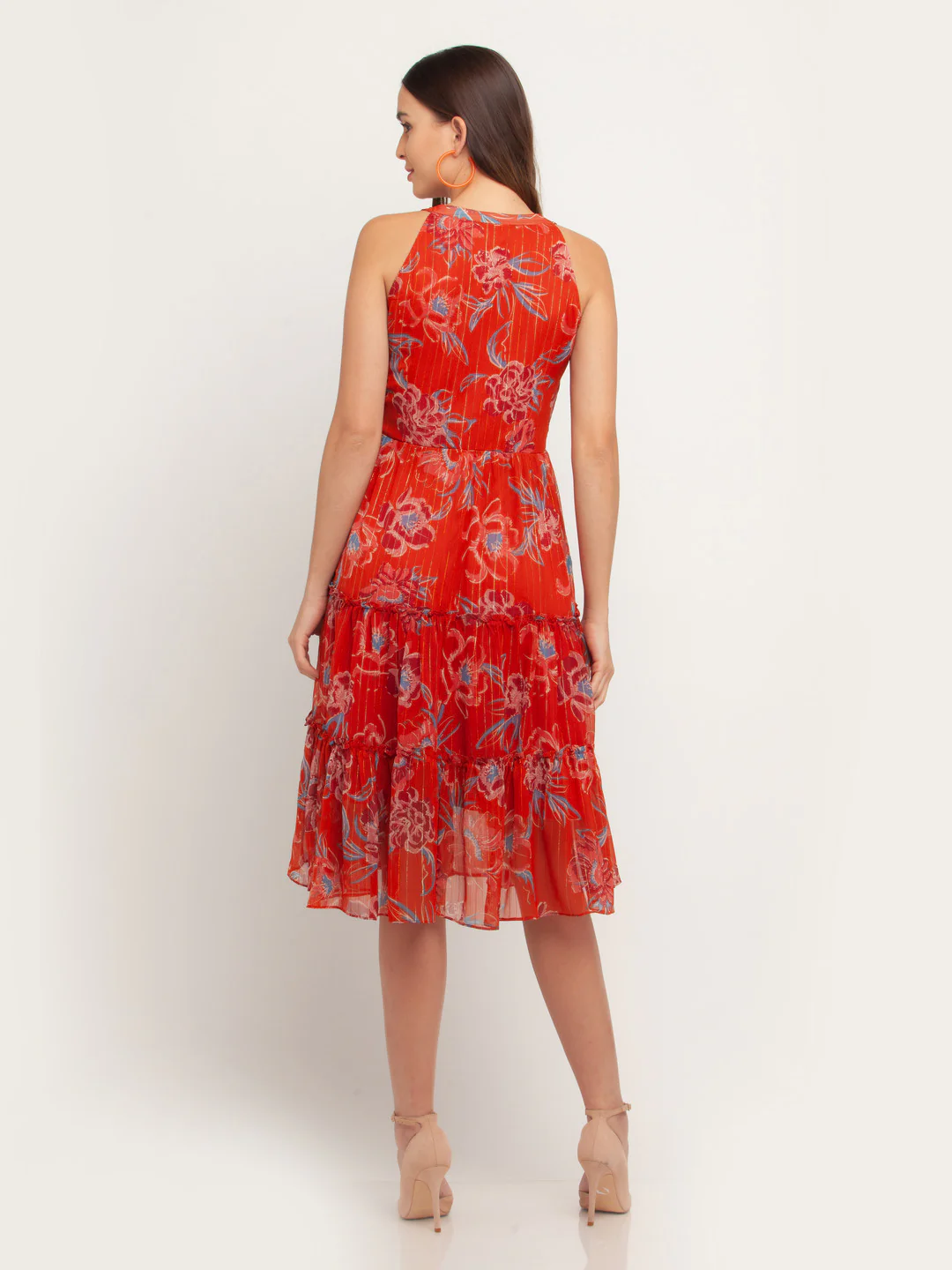 Rust Printed Tie-Up Midi Dress - Image 4