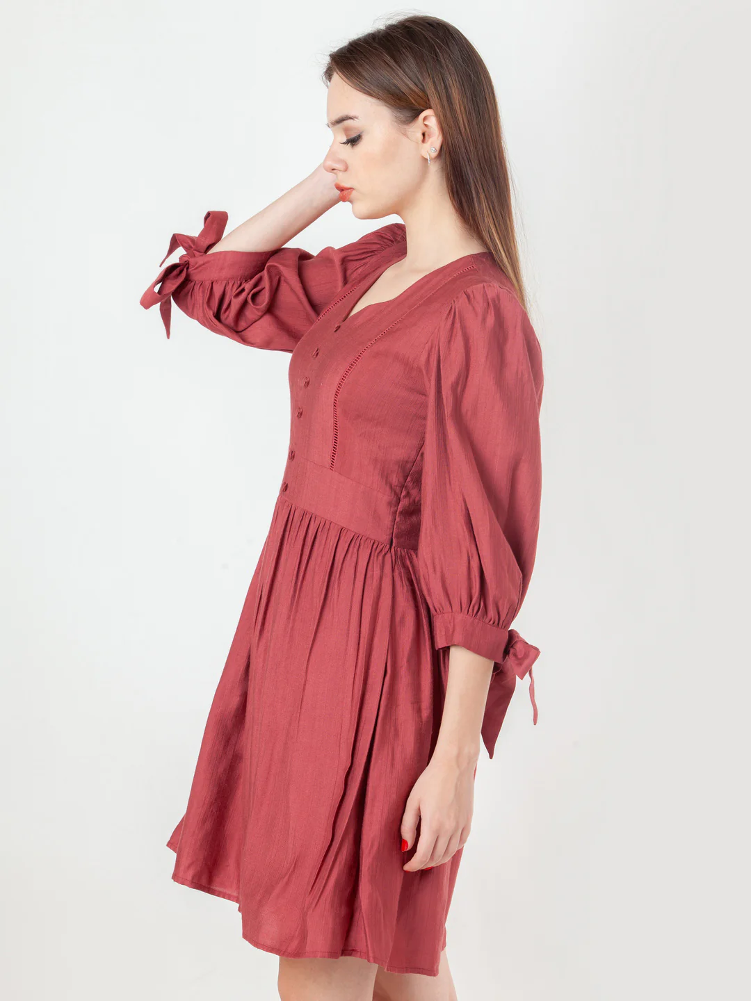 Rust Solid Flared Short Dress - Image 3