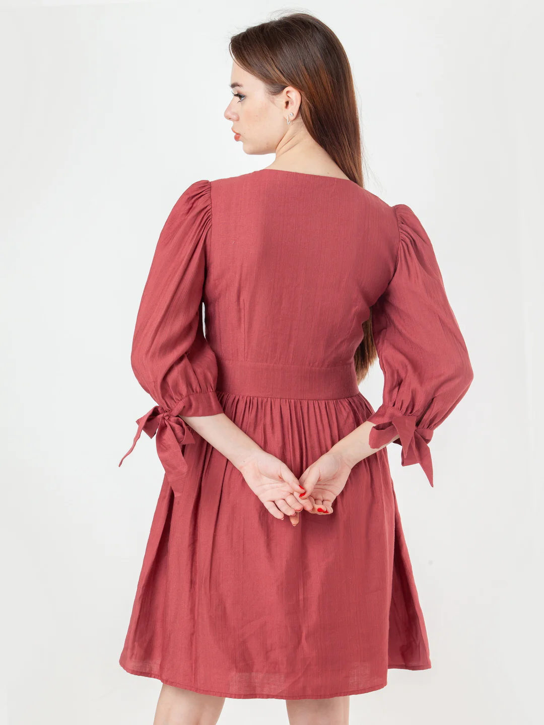 Rust Solid Flared Short Dress - Image 4