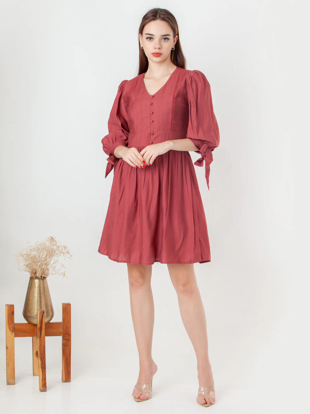 Rust Solid Flared Short Dress - Image 5