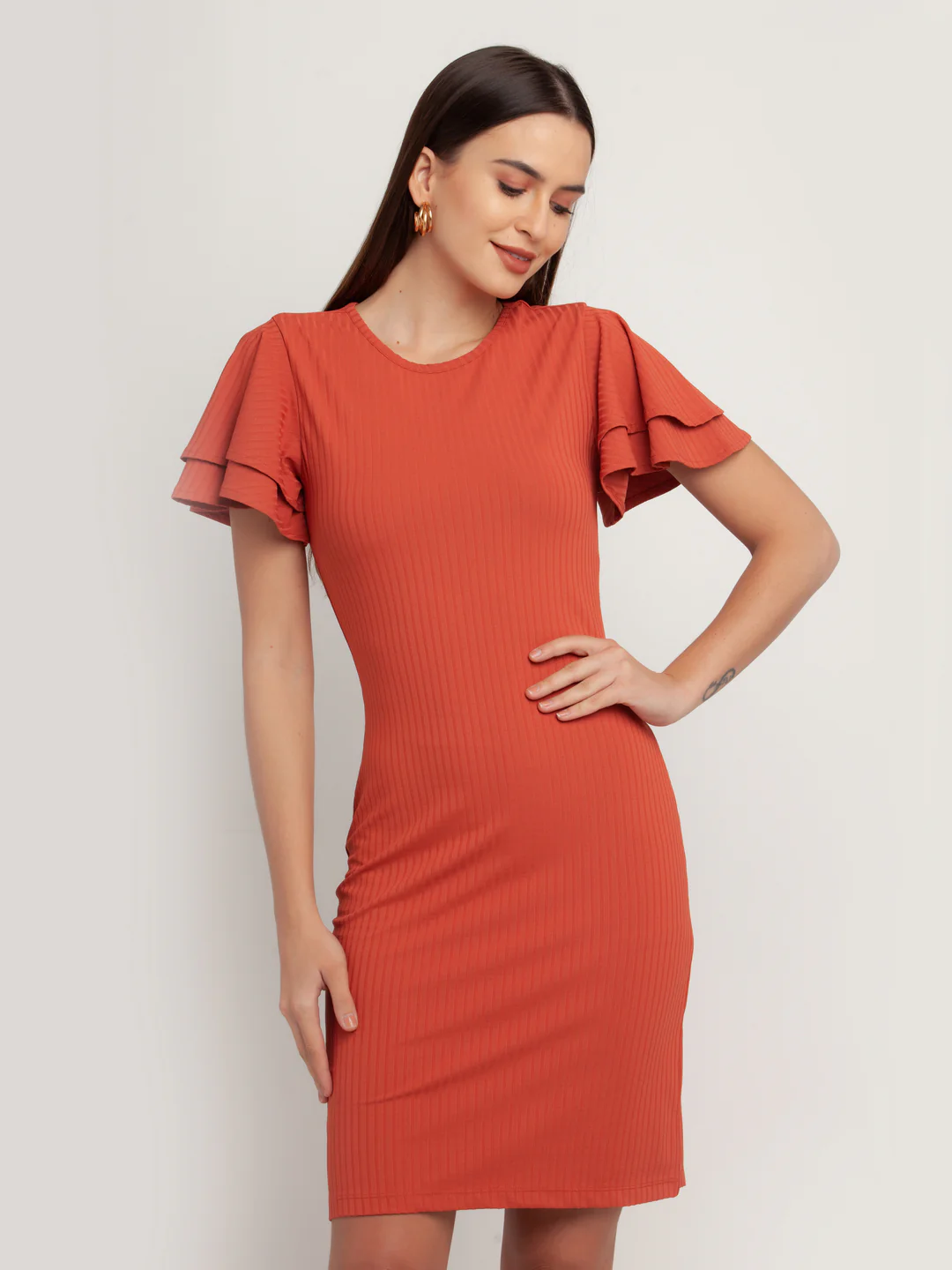 Rust Solid Short Sleeves Short Dress - Image 2
