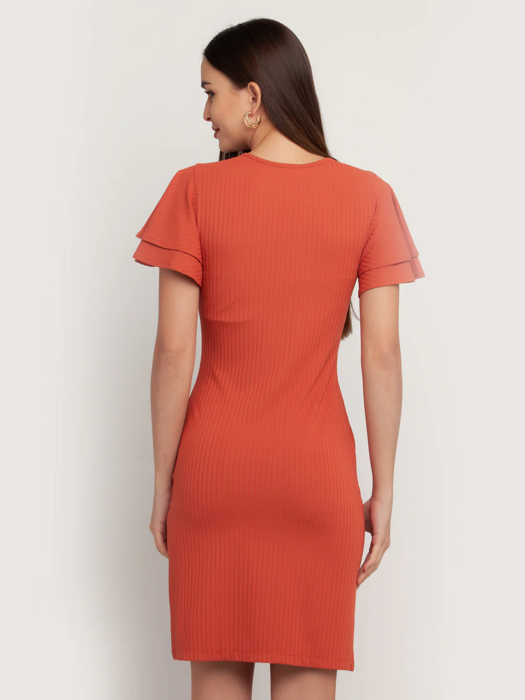 Rust Solid Short Sleeves Short Dress - Image 4