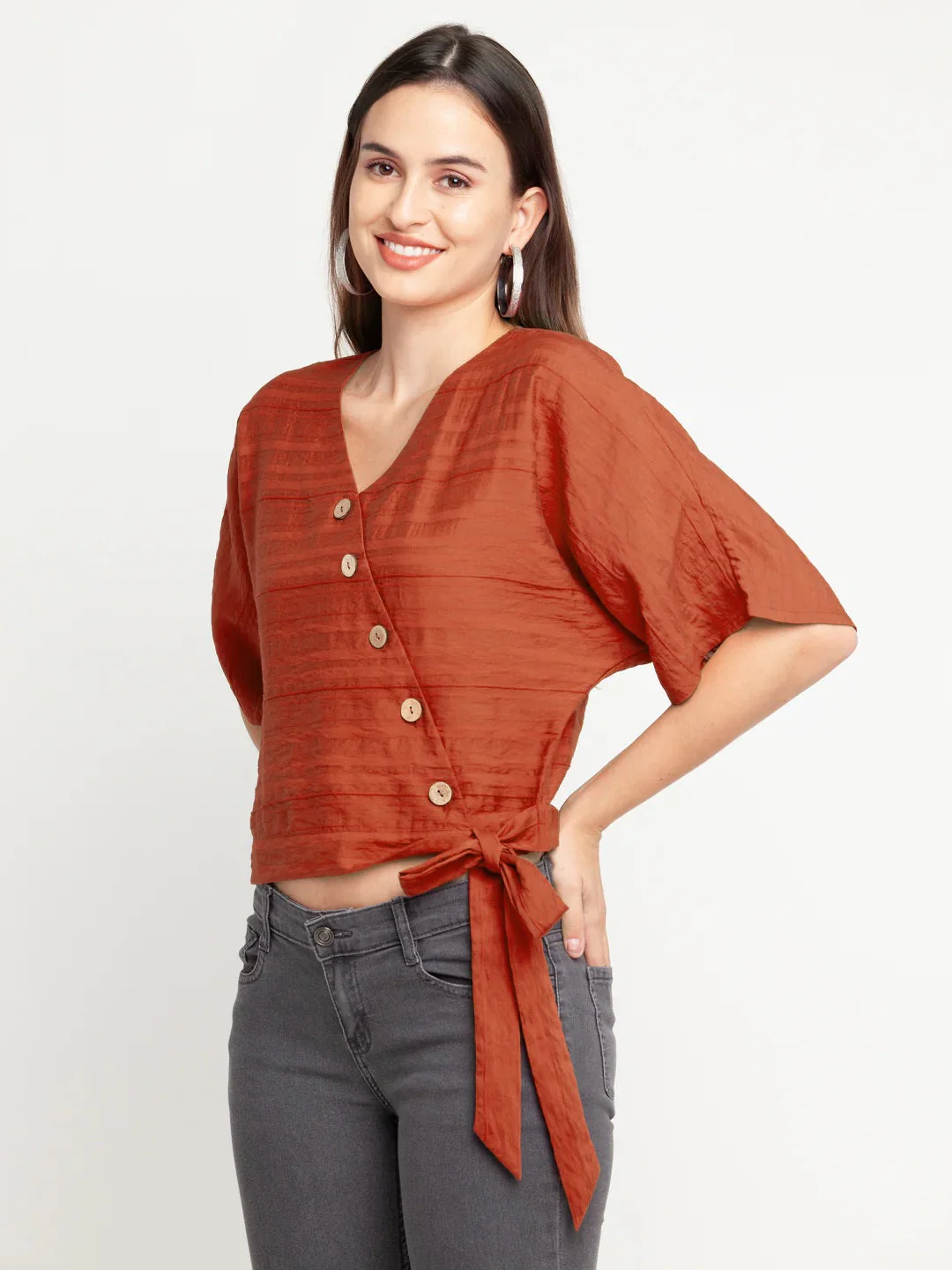 Rust Solid Short Sleeves Tie-Up Top - Image 3