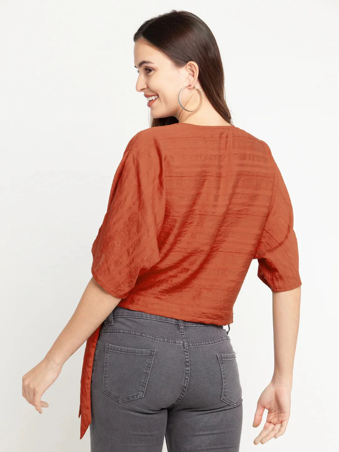 Rust Solid Short Sleeves Tie-Up Top - Image 4