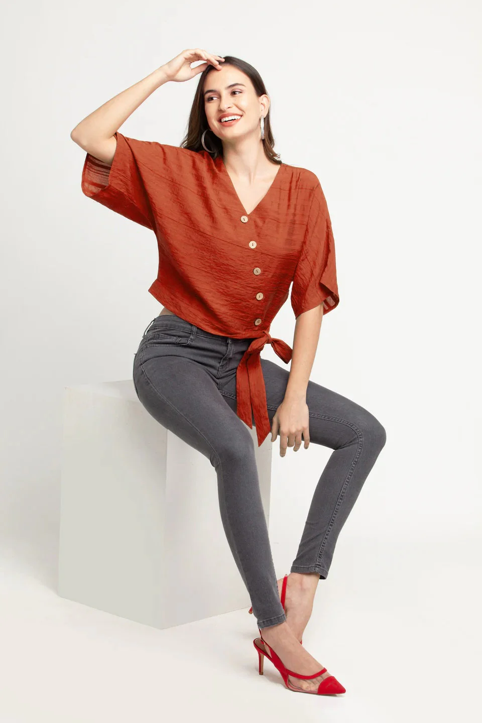 Rust Solid Short Sleeves Tie-Up Top - Image 5