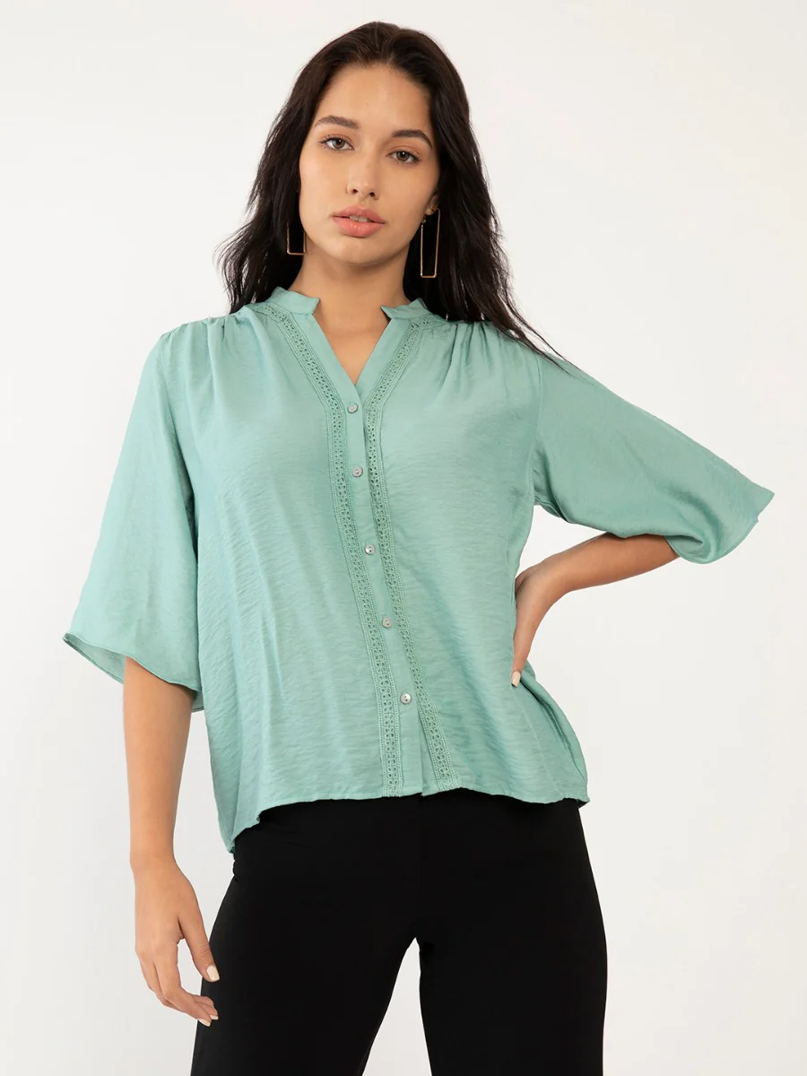 Sea Green Solid Flared Sleeve Regular Top - Image 2