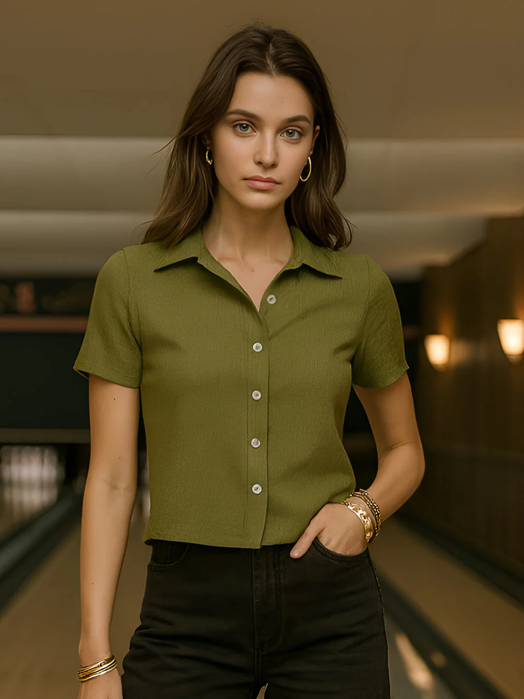 Green Solid Half Sleeves Shirt