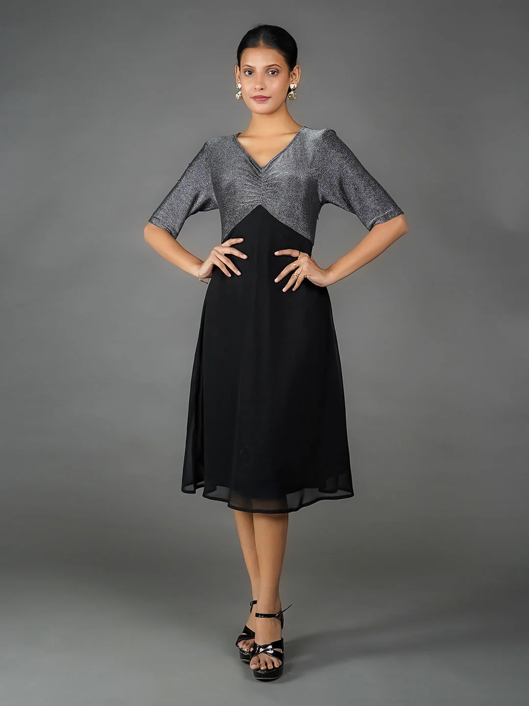 Silver Solid Shimmer A Line Midi Dress - Image 6