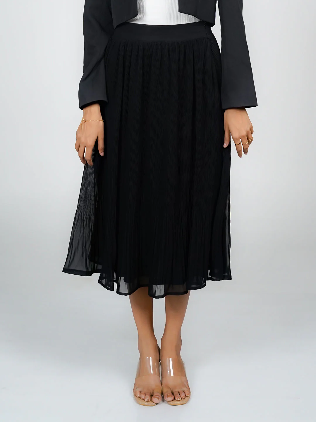 Black Solid Flared Midi Skirt - Image 3