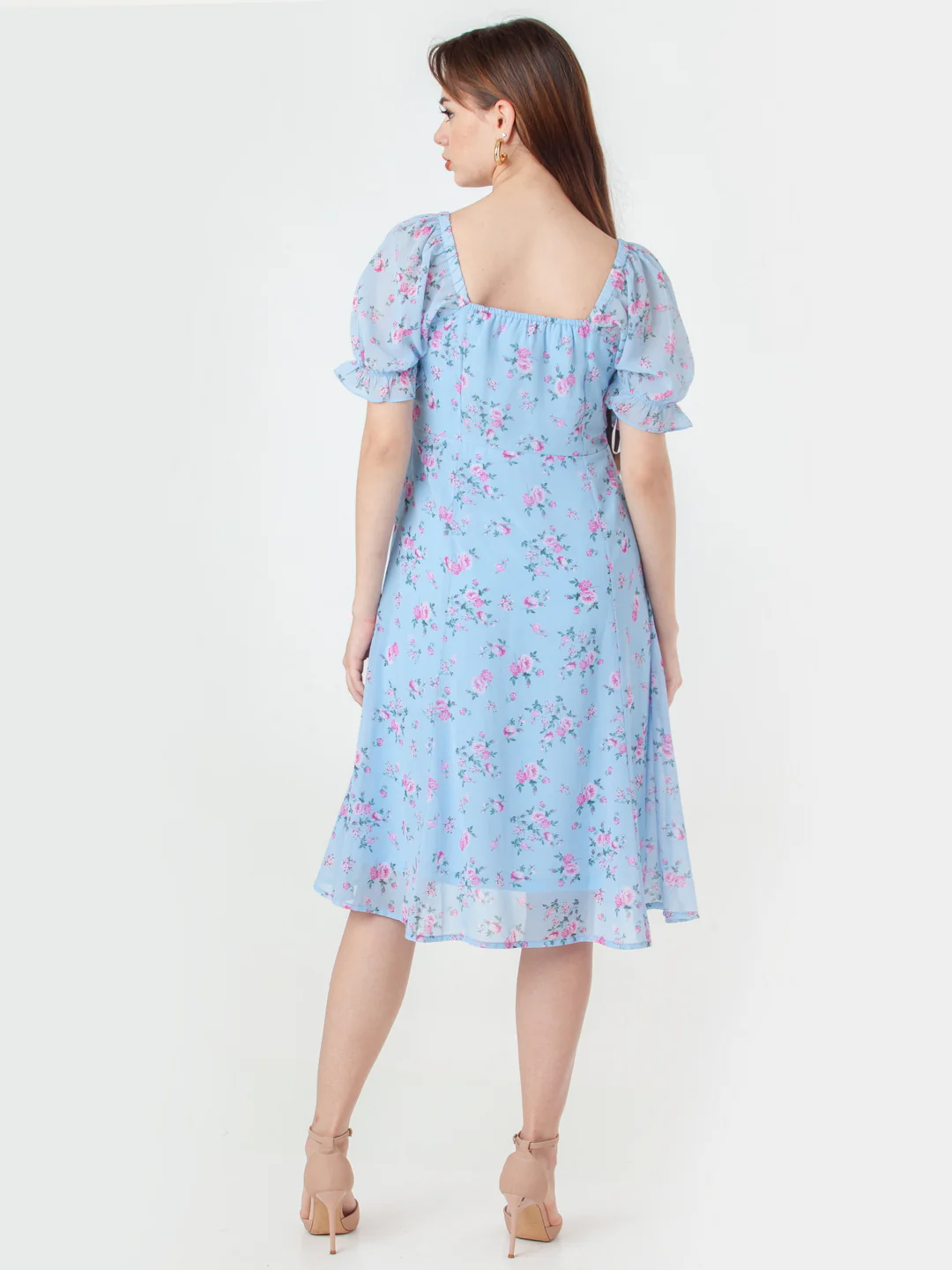 Sky Blue Printed A-Line Midi Dress - Image 4
