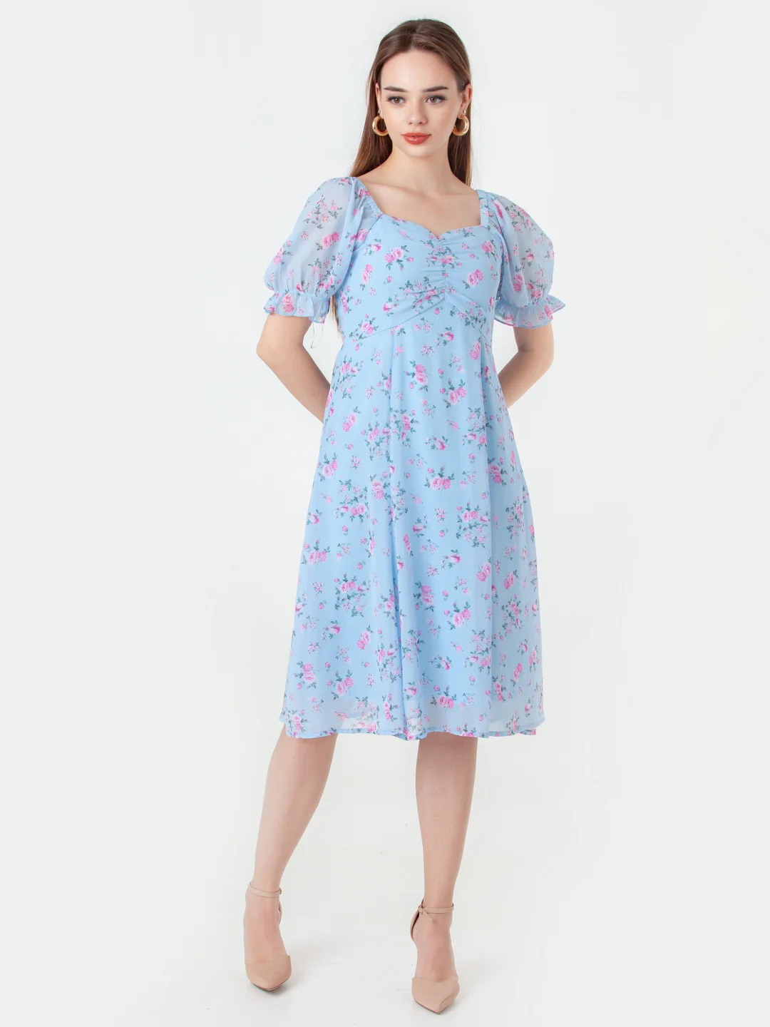 Sky Blue Printed A-Line Midi Dress - Image 5