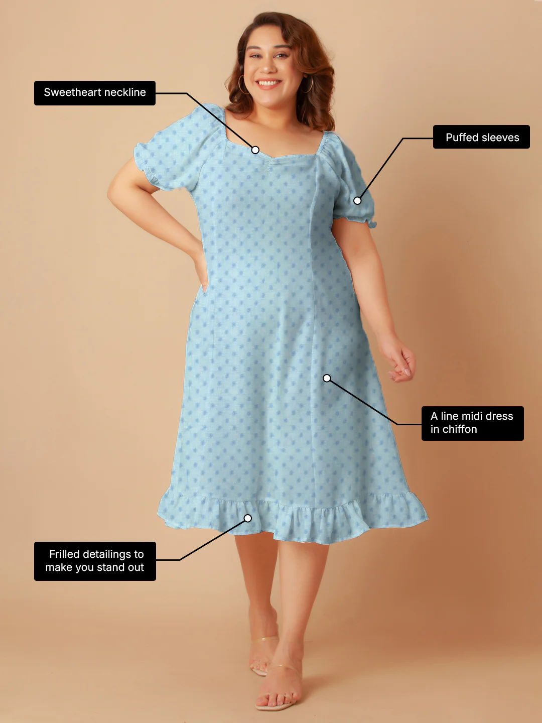 Sky Blue Solid A-Line Midi Dress - Image 3