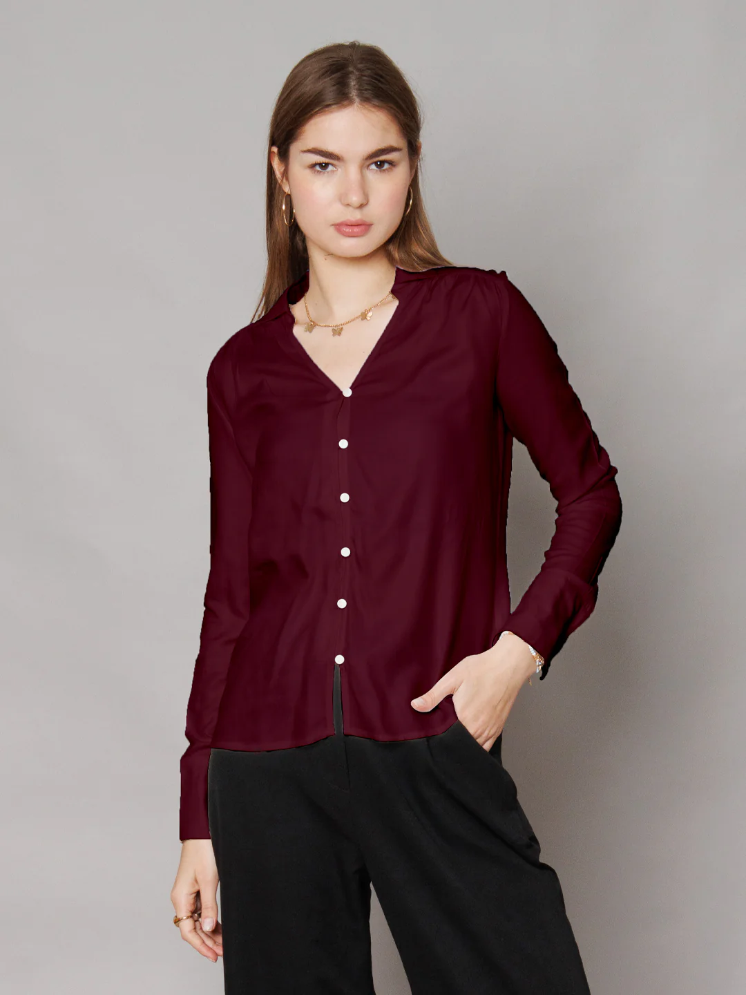 Solid Cranberry Gathered Shirt - Image 2