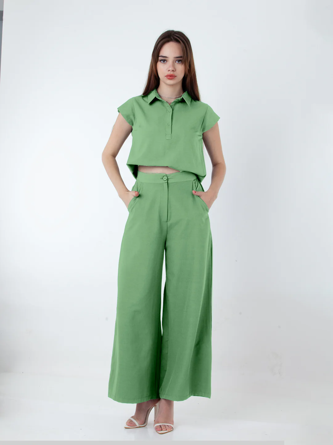 Solid Green Wide Leg Co-Ord Set - Image 2
