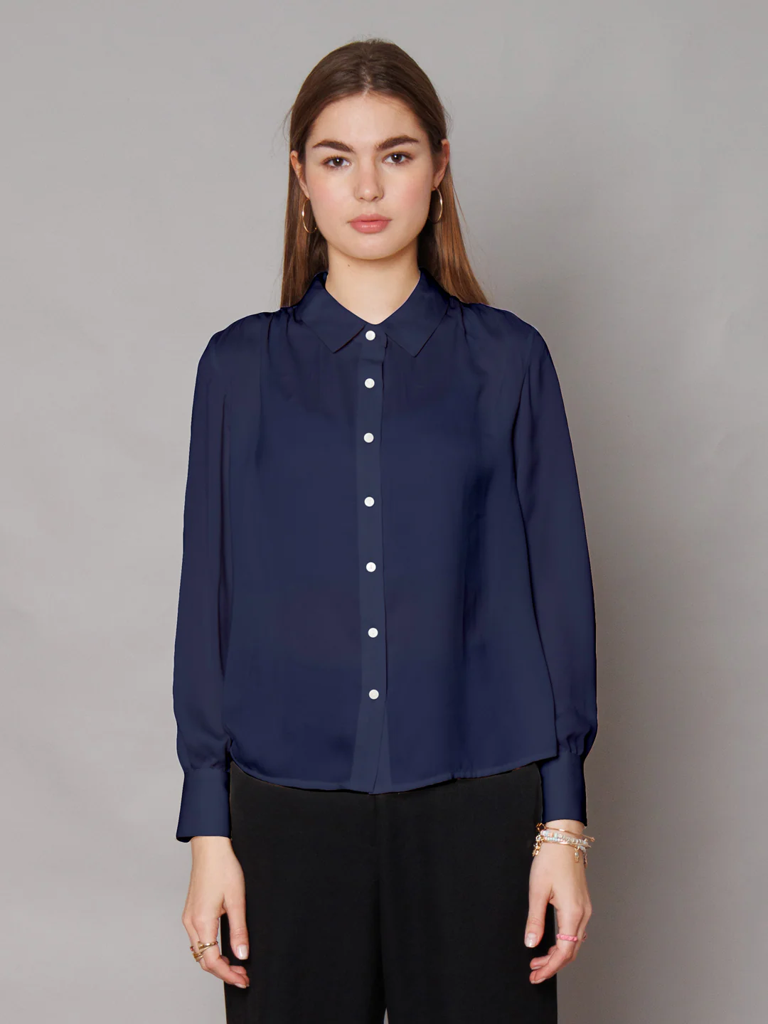 Solid Navy Gathered Shirt - Image 2