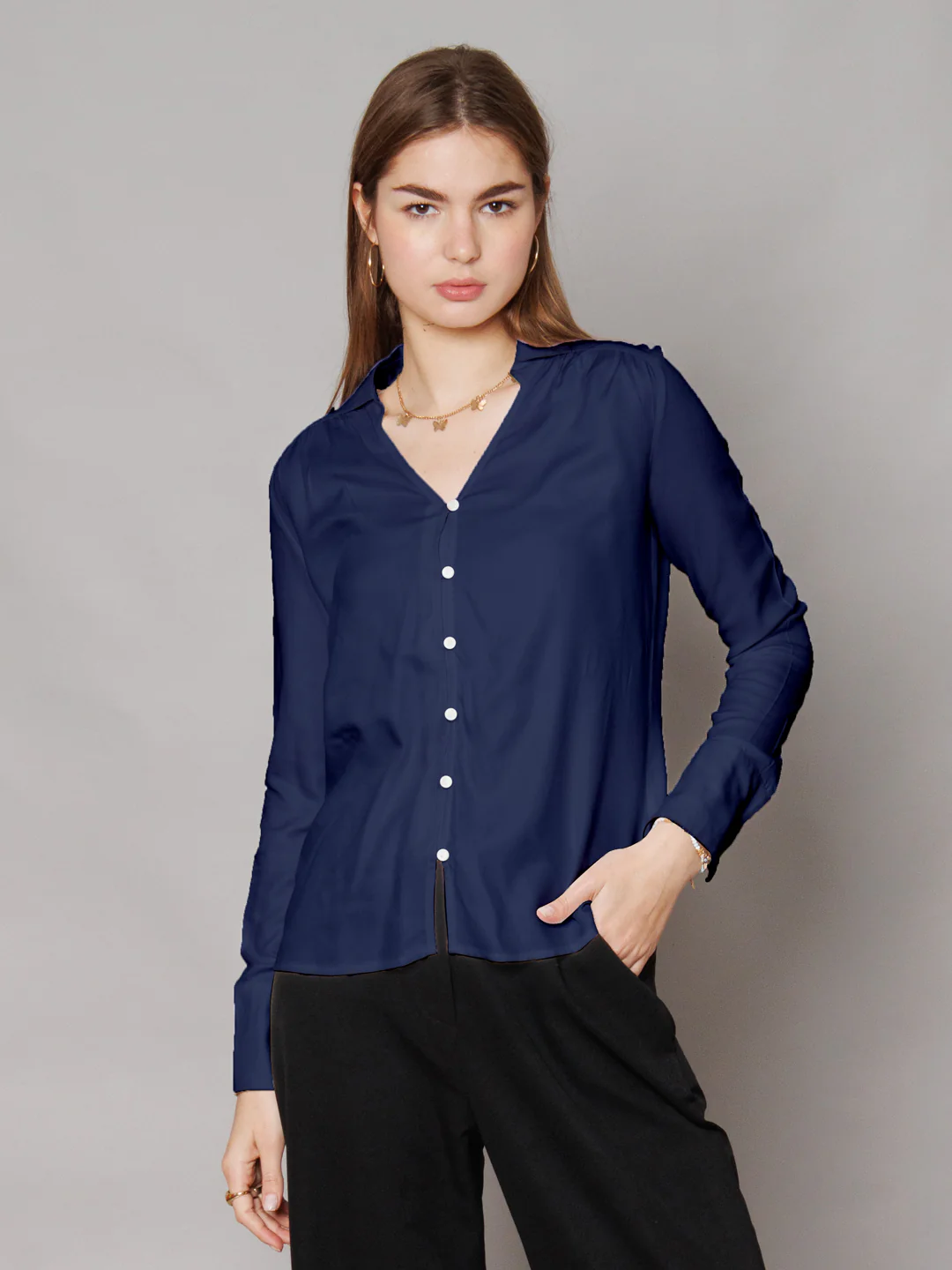 Solid Navy Gathered Shirt - Image 2