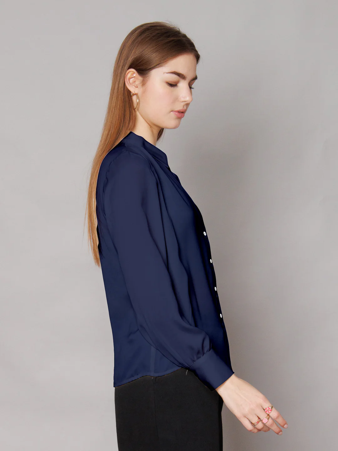 Solid Navy Gathered Shirt - Image 3