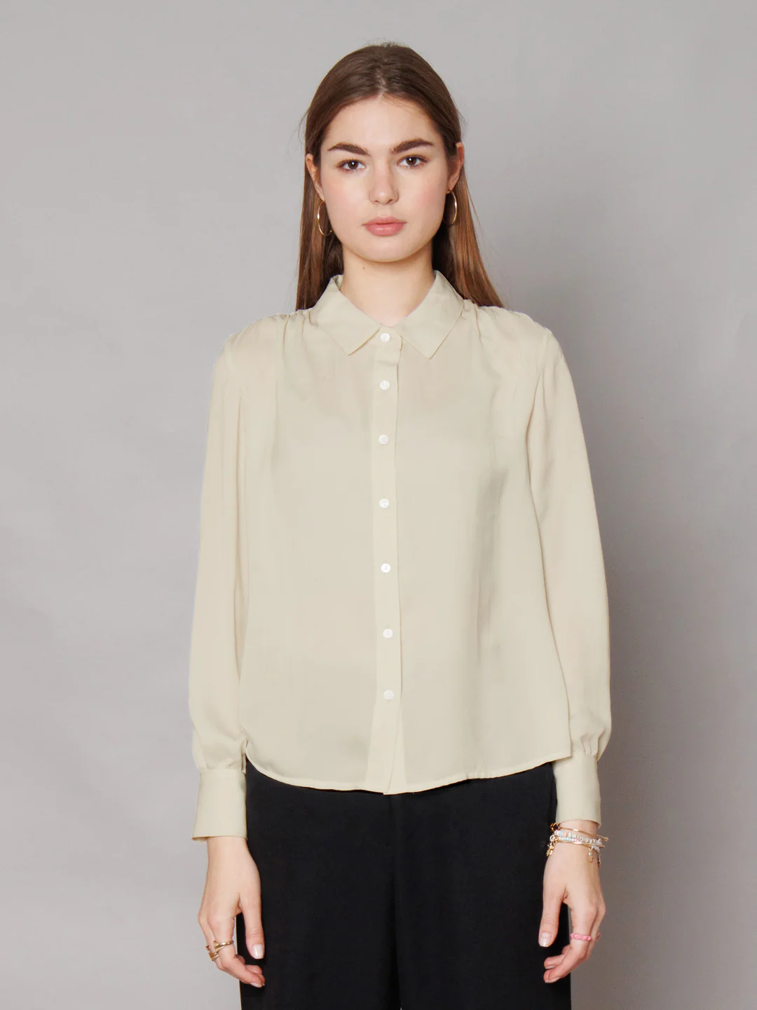Solid Off-White Gathered Shirt - Image 2