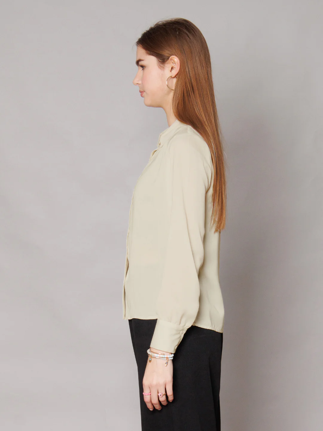 Solid Off-White Gathered Shirt - Image 3