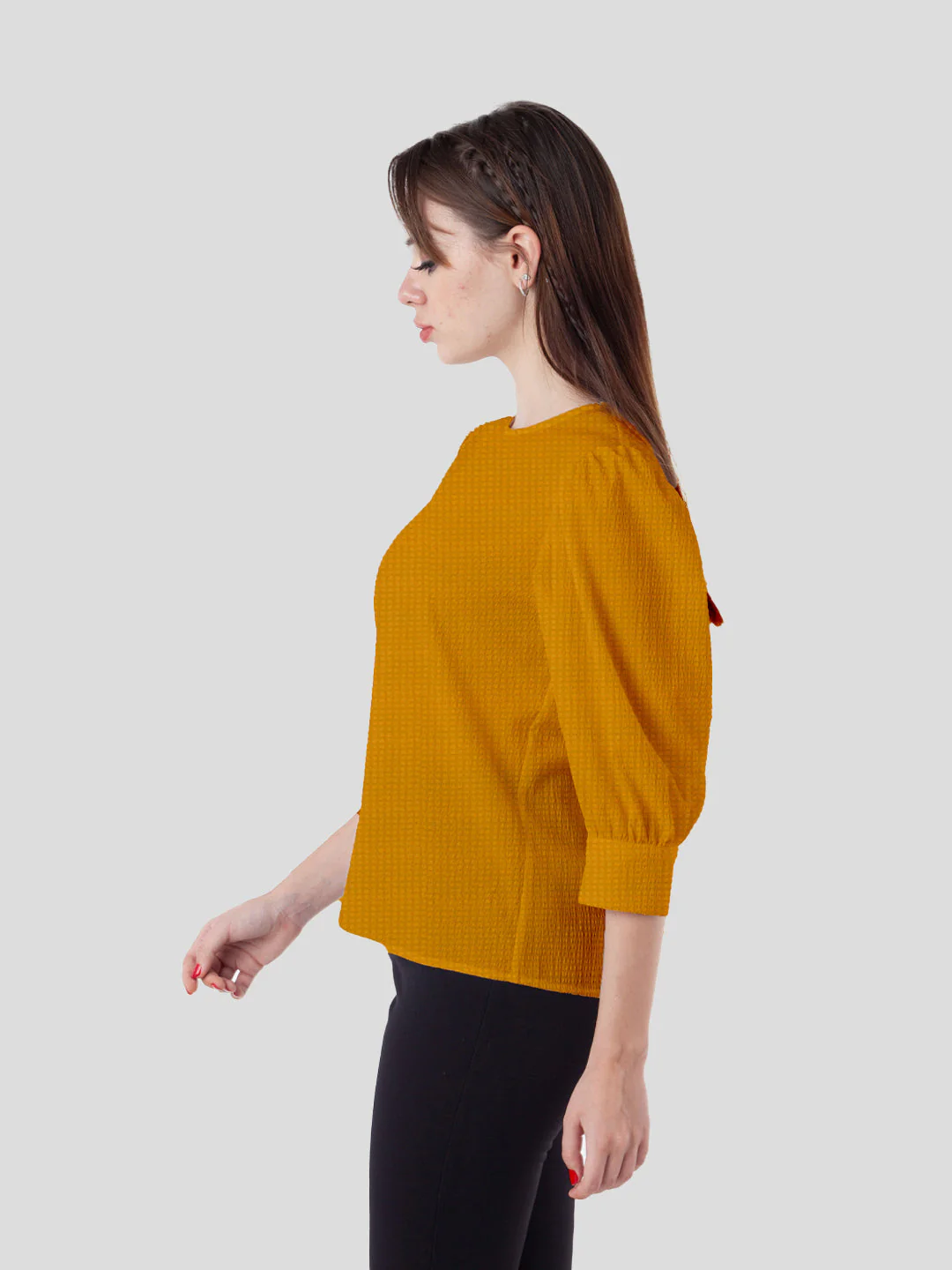 Yellow Solid Puff Sleeve Top - Image 3