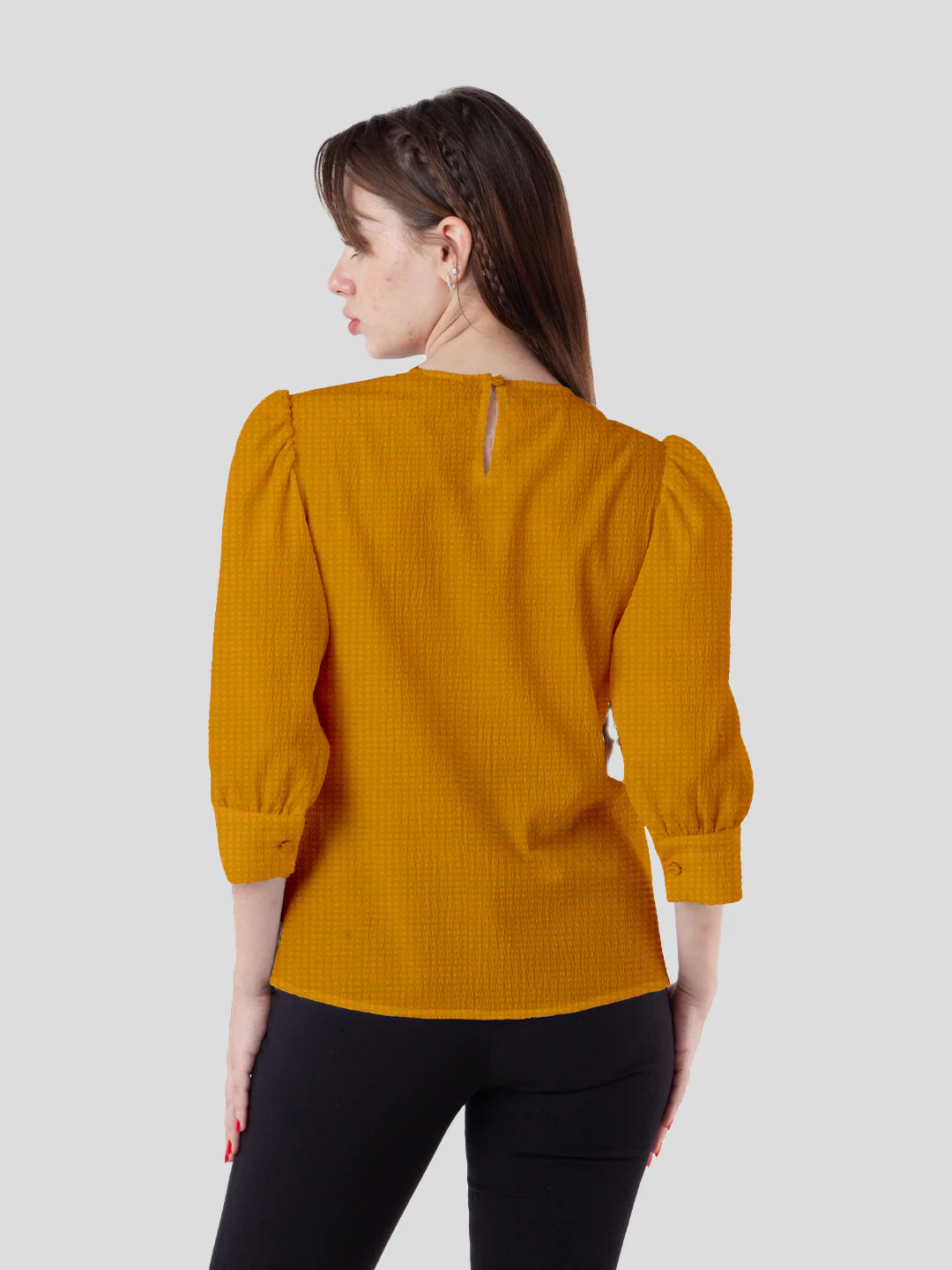 Yellow Solid Puff Sleeve Top - Image 4